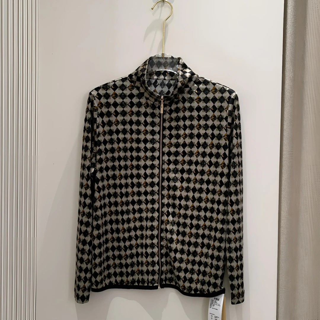 桑蚕丝印花长袖休闲外套女真丝针织立领开衫拉链衫3704