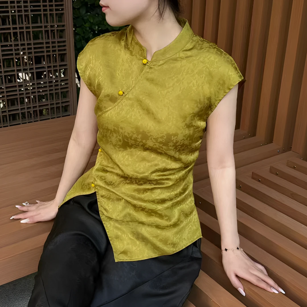 100% 桑蚕丝花萝香云纱飞袖衬衫新中式国风改良盘扣复古提花衬衣