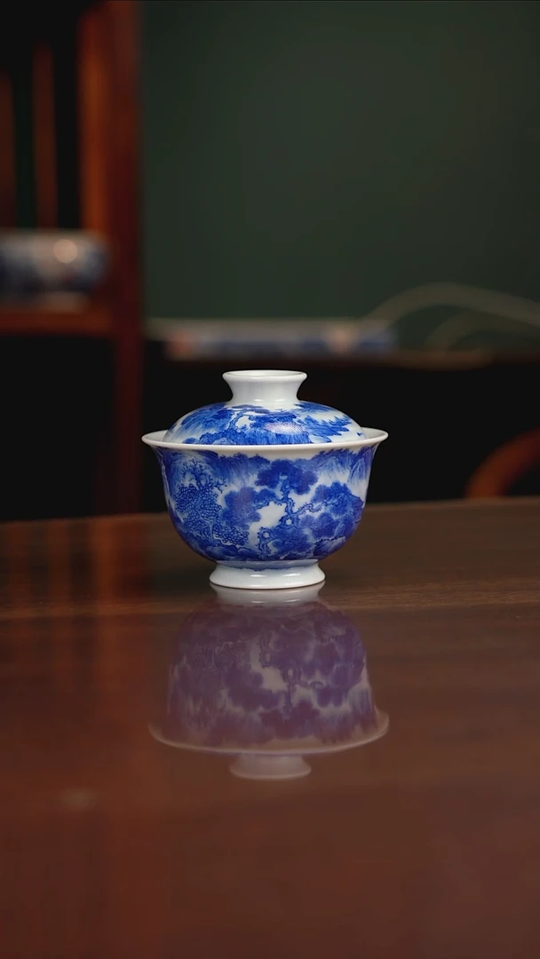 晓月柴窑 山水盖碗