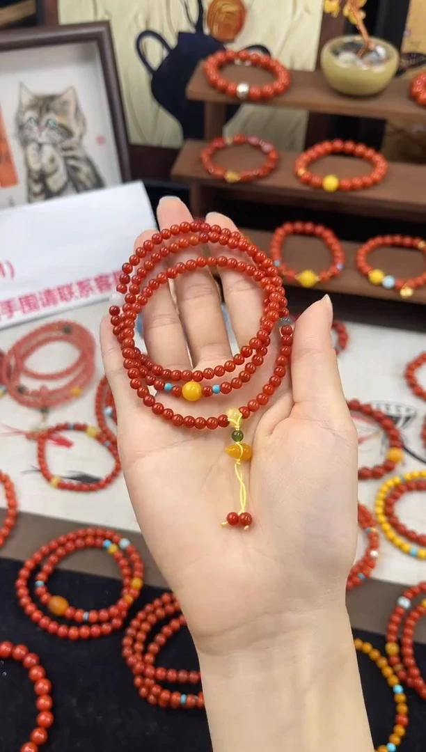 未镶嵌手串南红玛瑙南红三圈蜜蜡手串QF-C80（多样性发一）