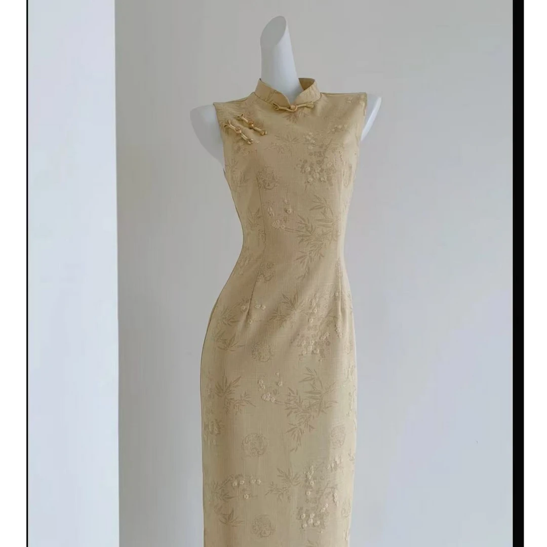 【橘止】夏季新款少女优雅黄色日常修身显瘦旗袍裙