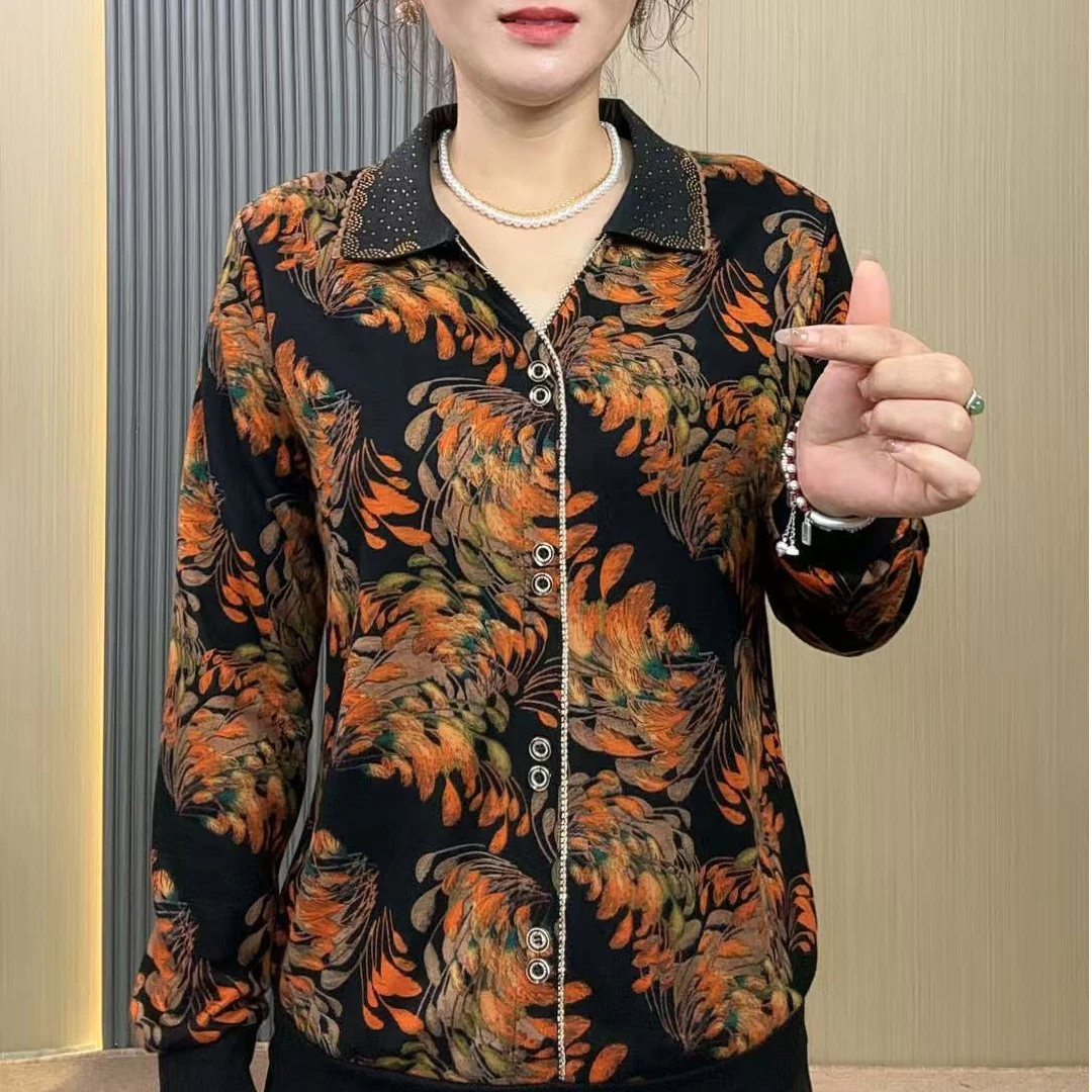 秋季新款时尚妈妈装中老年女装长袖衬衫洋气显瘦翻领烫钻