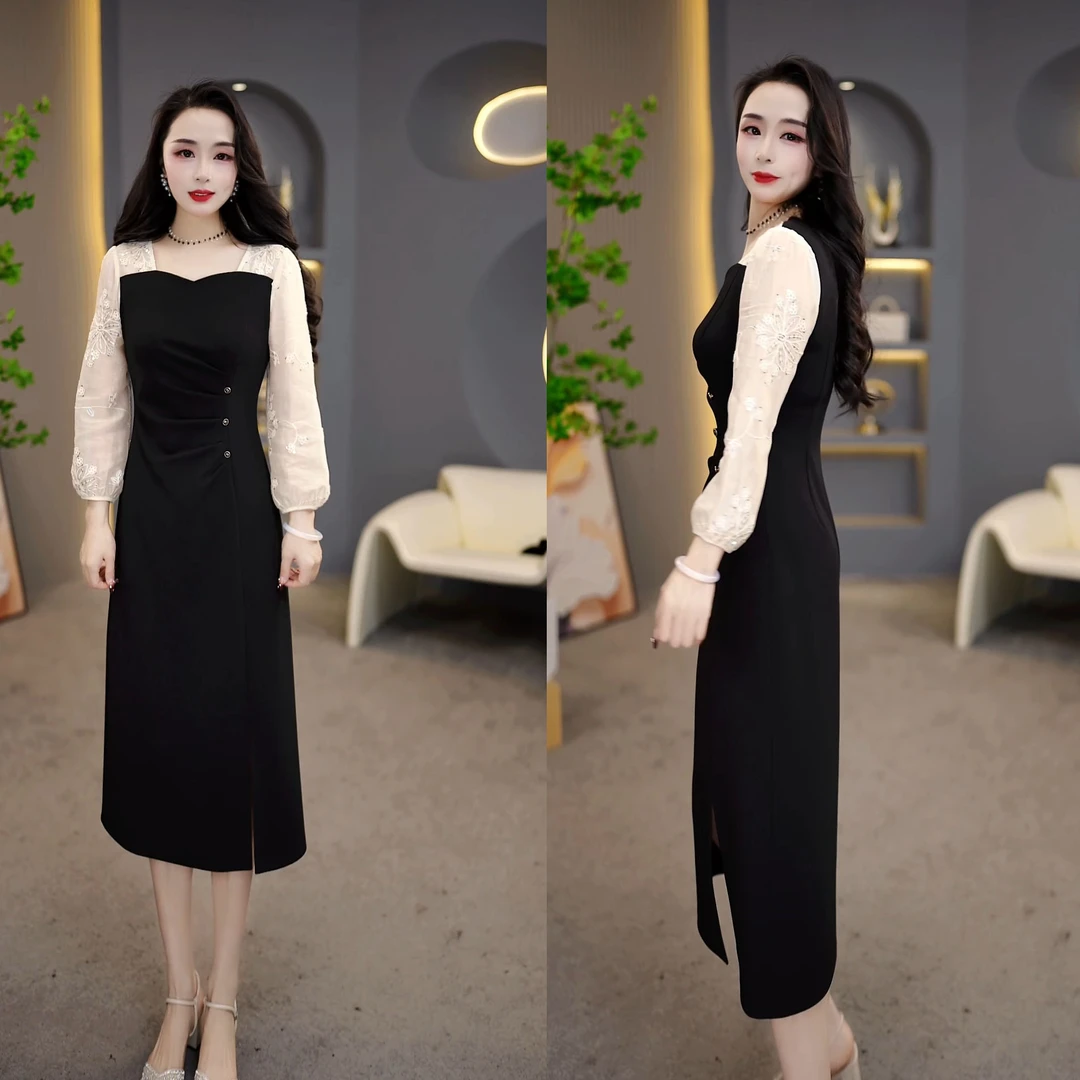 2025黑色方领气质拼接白色蕾丝绣花温柔优雅新款女装连衣裙M-4XL