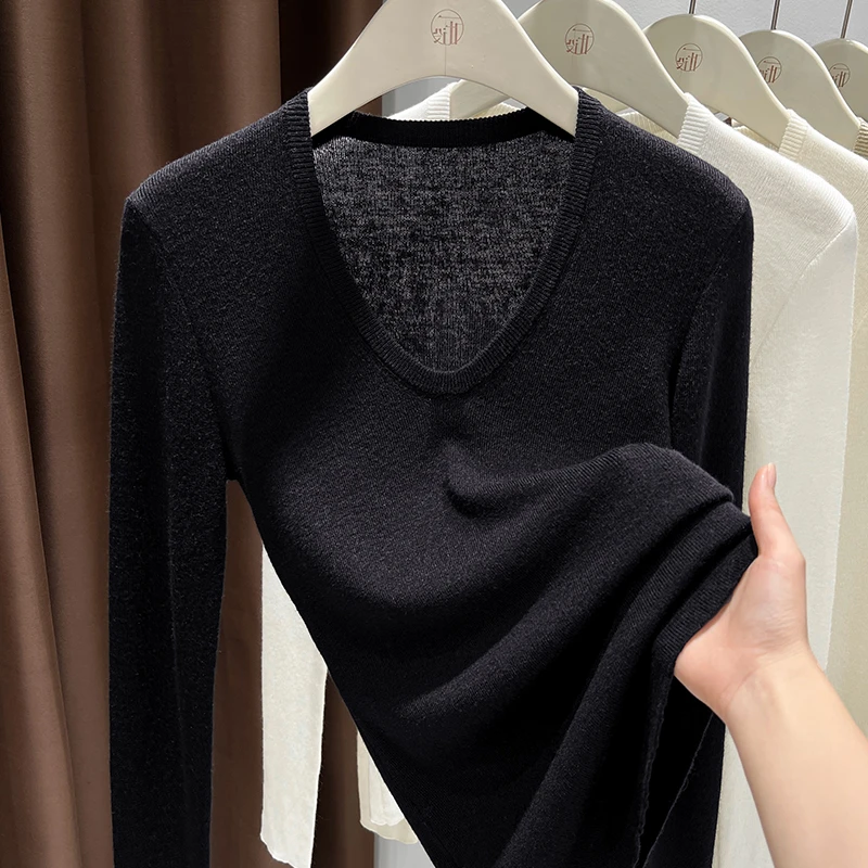黑色U领基础款长袖针织衫女叠穿修身内搭套头打底毛衣鹅蛋领上衣