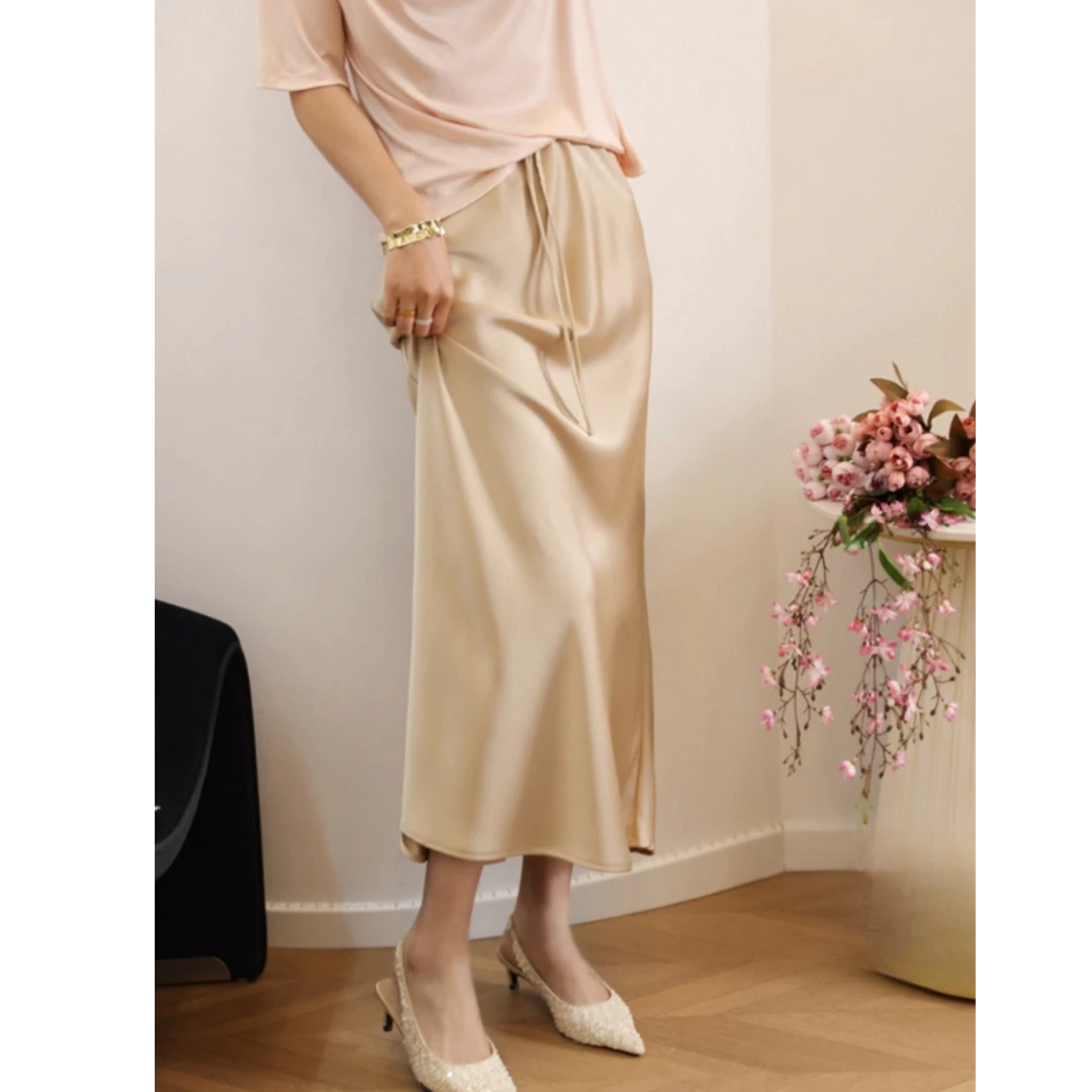 玲姐专属【松紧腰+口袋】缎面半身裙女中长款夏季抽绳后开叉裙子