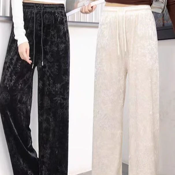 2560国潮风女士冰丝绒窄版阔腿裤