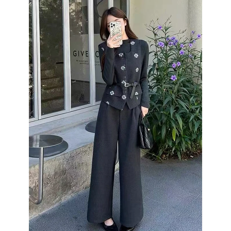 Y168821-时尚套装女高级感气质减龄修身马甲阔腿裤轻熟三件套