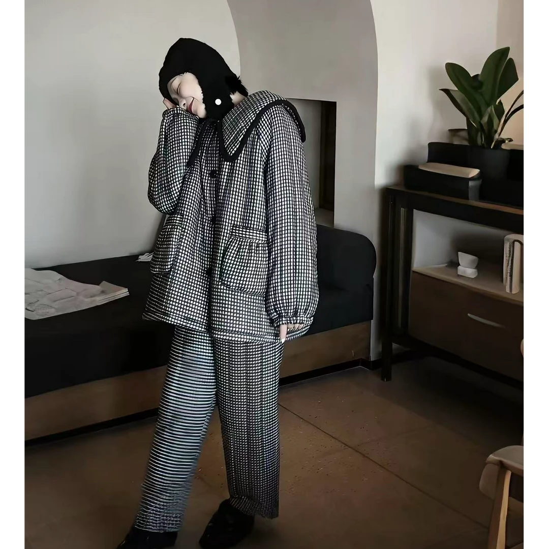 韩版格纹高级感夹棉睡衣女秋冬款新款加绒加厚宽松保暖家居服套装