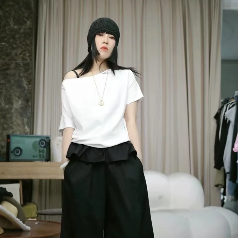 infobyfive2025夏季新款显瘦斜肩一字领短袖T恤NF0503184