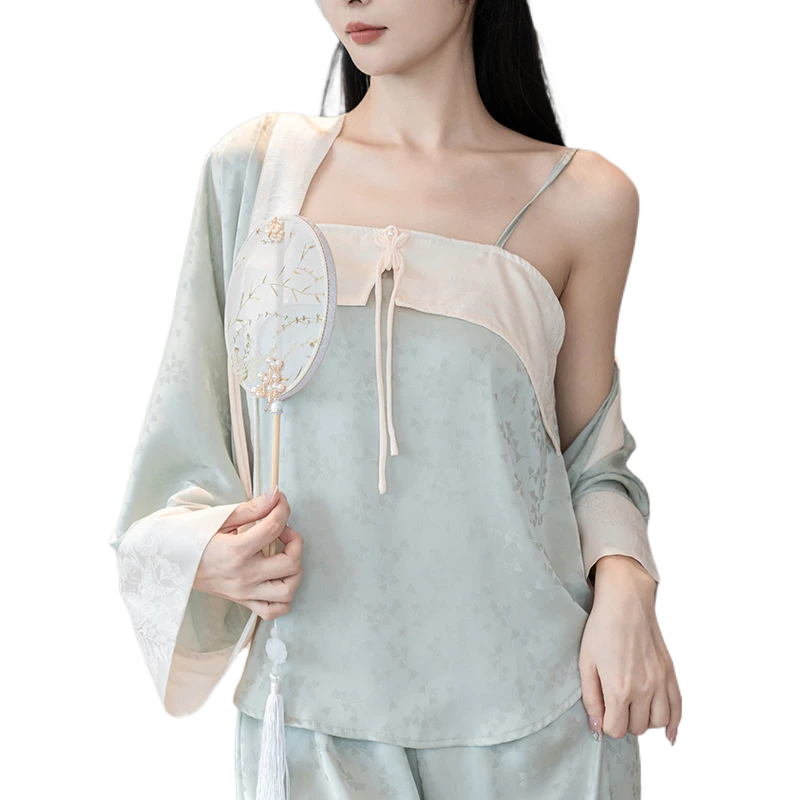 新中式春秋新款睡衣女提花冰丝三件套女士家居服中国风春夏汉元素