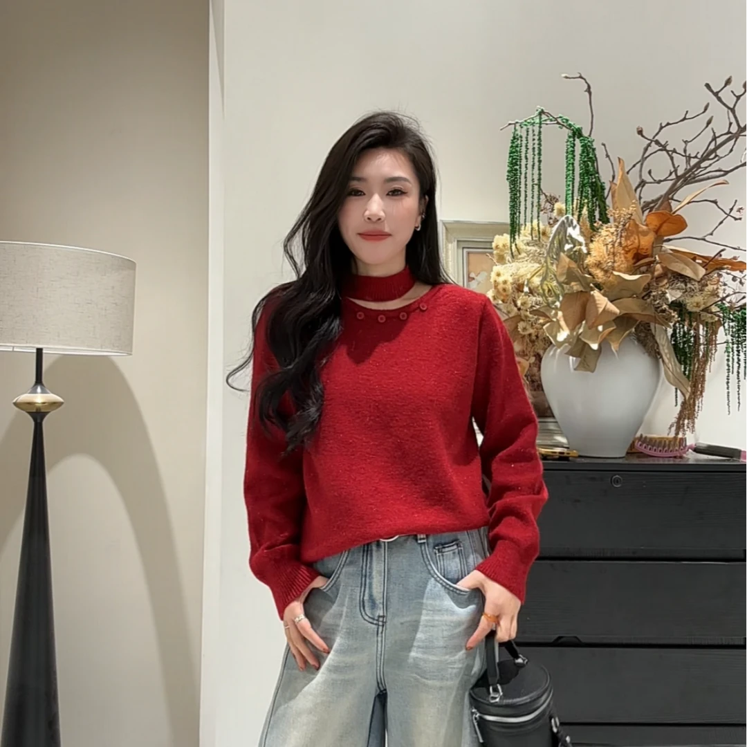 151安迪绒保暖女士镂空时尚洋气百搭显瘦保暖针织毛衣