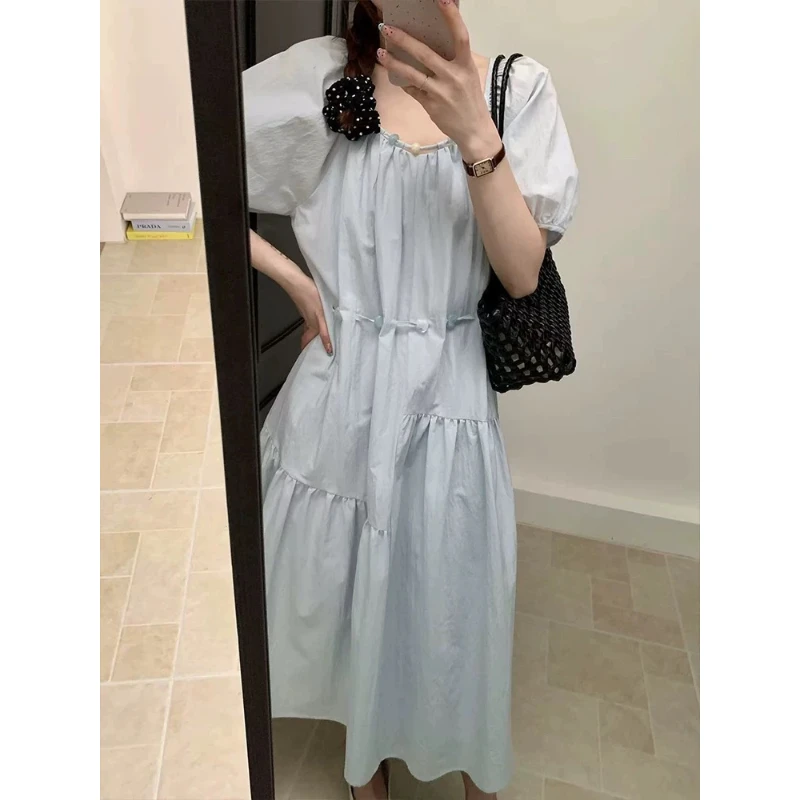 Y2X9907-收腰系带短袖连衣裙女夏季新款减龄百搭洋气中长裙潮