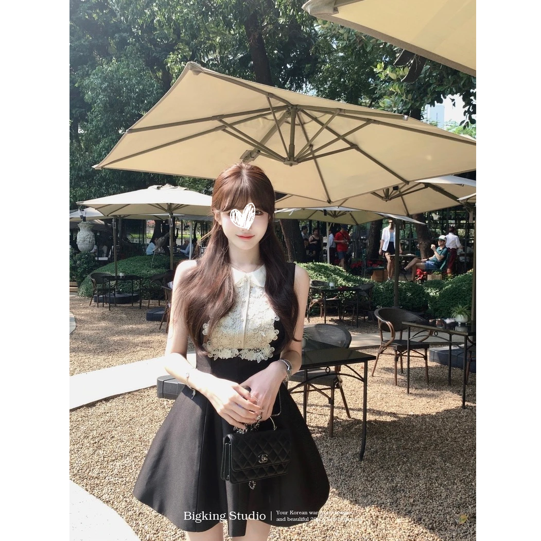 晚点 LATER「闲散月光」法式千金风黑色无袖收腰背心裙连衣裙