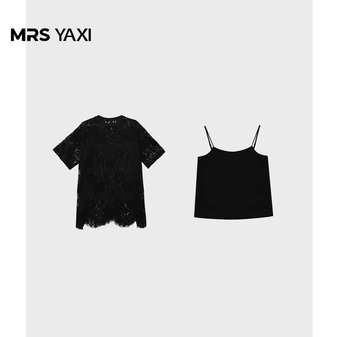 Mrsyaxi蕾丝宽松休闲吊带背心T恤裤两件套YX5060307