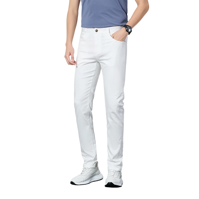 罗尔基那斯薄款白色牛仔裤男士夏季新款休闲裤直筒修身长裤子潮牌