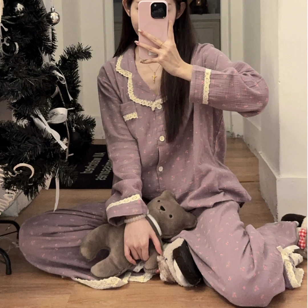 烟紫碎花秋季甜美长袖长裤家居服棉麻套装女款纯棉睡衣可外穿韩版
