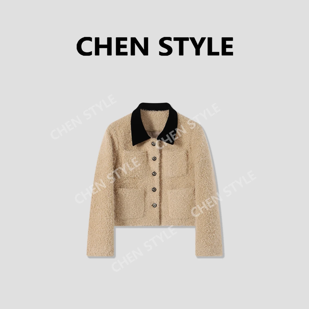 楚楚君~【富家小姐姐】WT36254冬季丝绒翻领毛绒短款外套