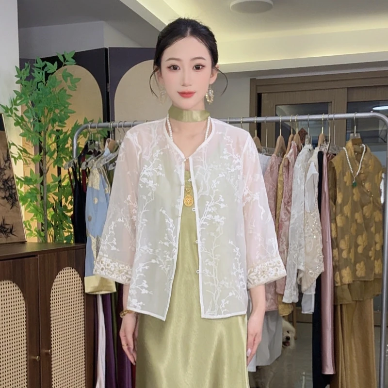 新中式防晒女薄款透气刺绣新中式短外套冰丝提花刺绣七分袖夏季
