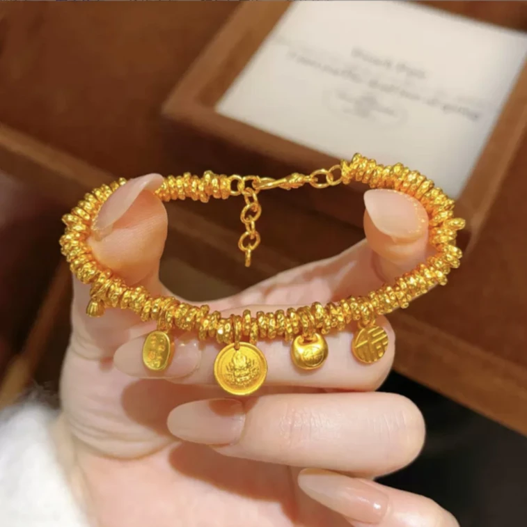 铜合金手链 国潮小胖福黄财神两世环盘缠手链福字金坨坨手串百搭