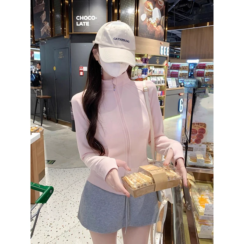 高级感粉色卫衣修身外套女春季2025短款装运动穿搭收腰上衣紧身