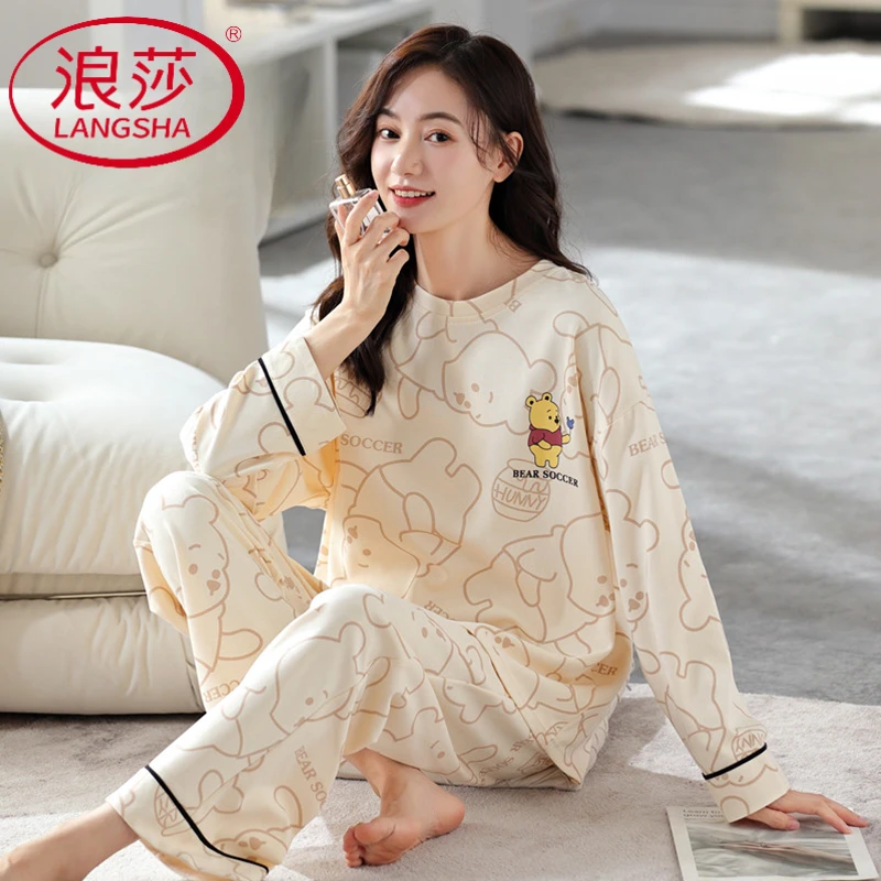 浪莎睡衣女士2025年新款春秋款纯棉长袖长裤可外穿秋季套装家居服