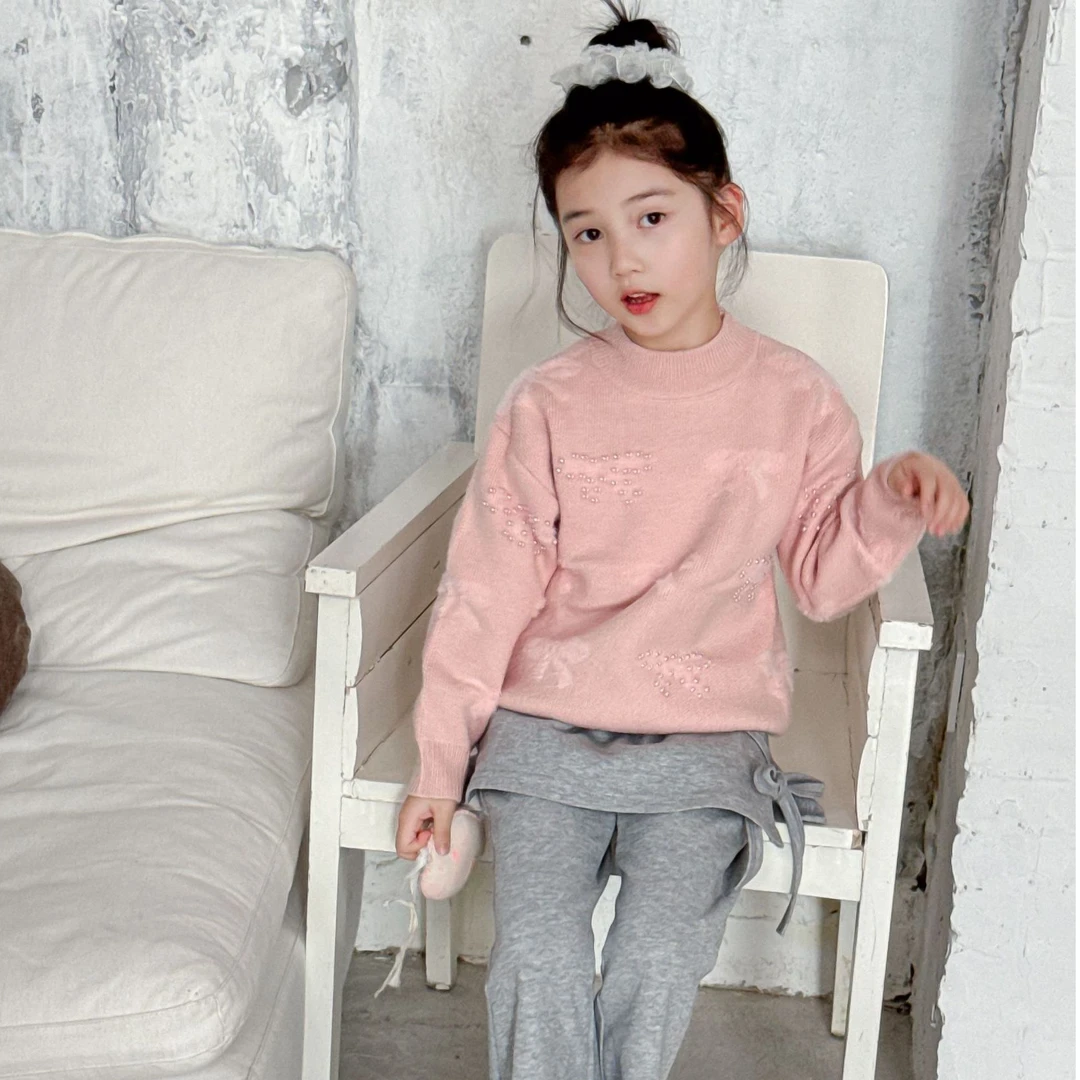 【儿童清仓冬季加厚】女童针织套头钉珠毛衣一体绒韩版时尚