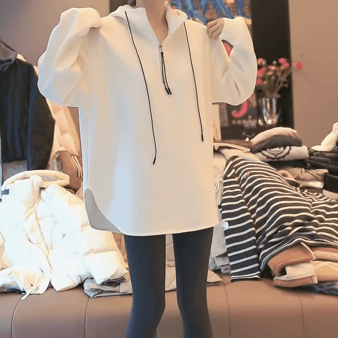 设计感半拉链加绒加厚连帽卫衣女冬季2025新款保暖休闲宽松上衣