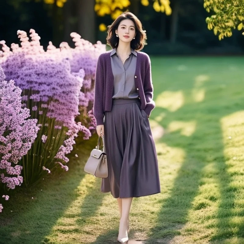 春秋季时尚中年妈妈三件套休闲百搭显瘦紫色针织开衫衬衣裙子套装