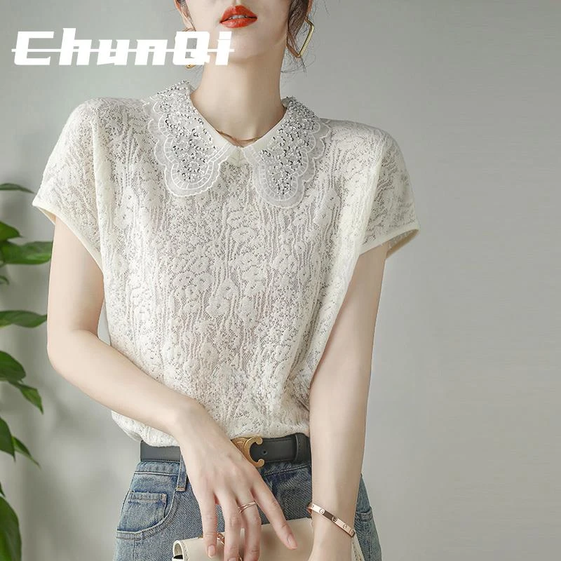淳启女装复古气质娃娃领蕾丝小衫洋气时尚百搭夏季镂空小众薄款潮