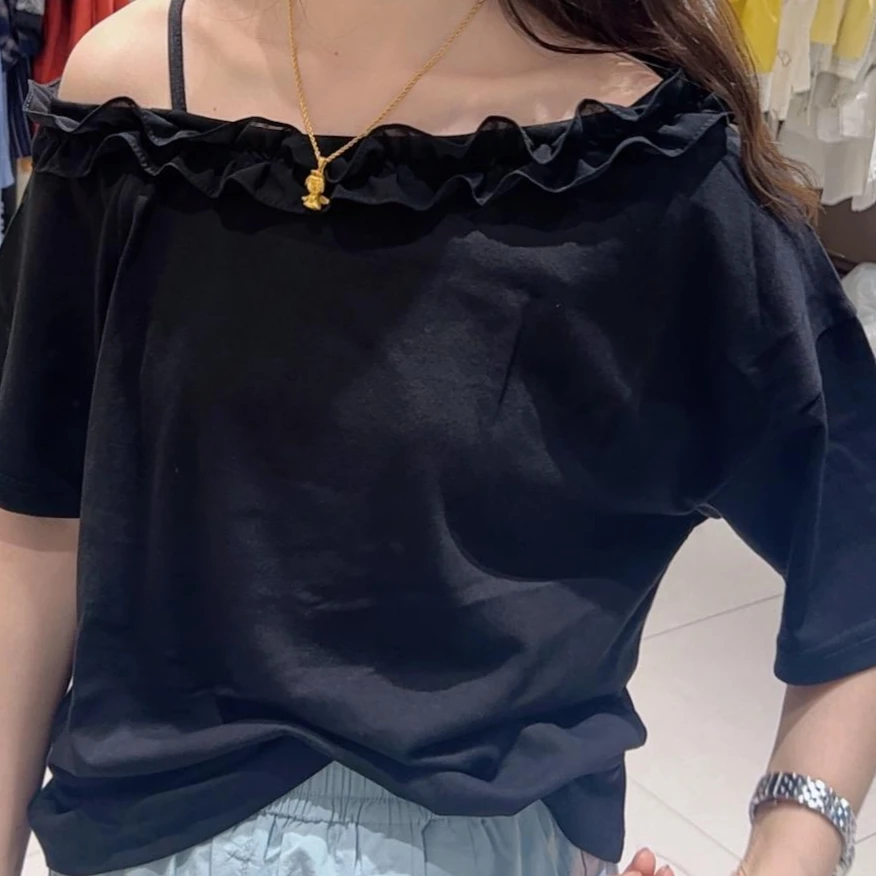 芬芬精选短袖宽松型木耳边褶皱斜肩T恤显瘦L1667