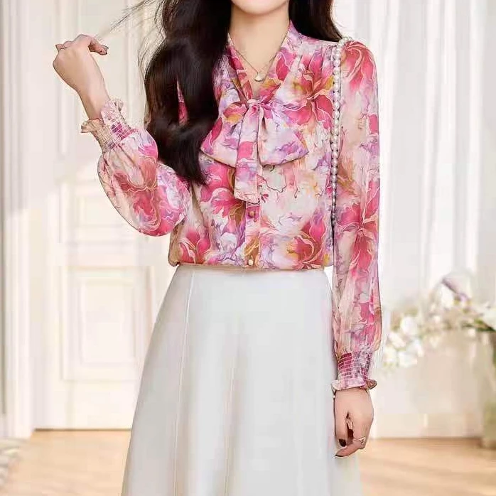 B288系带显瘦长袖小众小衫法式甜美印花衬衫荷叶边碎花飘带领