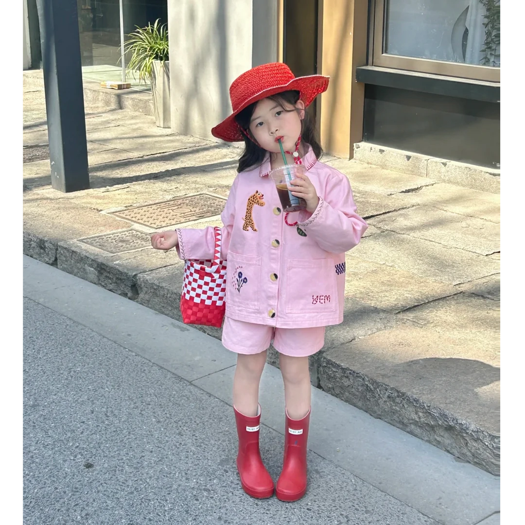 小女孩洋气韩范衣服2025春季新款女童套装粉色卡通印花长袖短裤潮