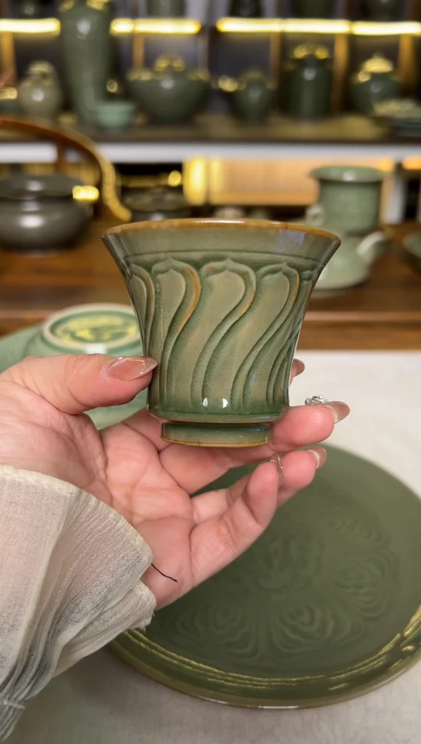 陶瓷耀州窑纯手工折扇纹闻香杯特价