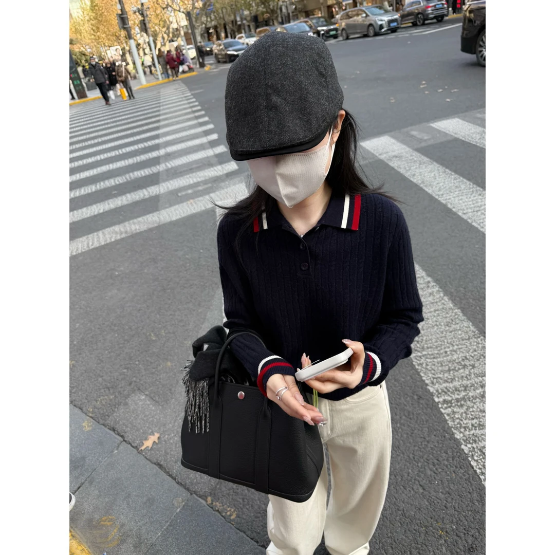 miss muzi“Polo毛衣”超细100%巴素兰绵羊毛miu系拼色翻领绞花毛衣