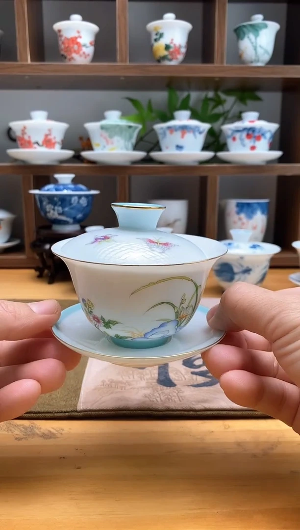 【闪购商品】蝶恋花三才元宝盖碗120cc