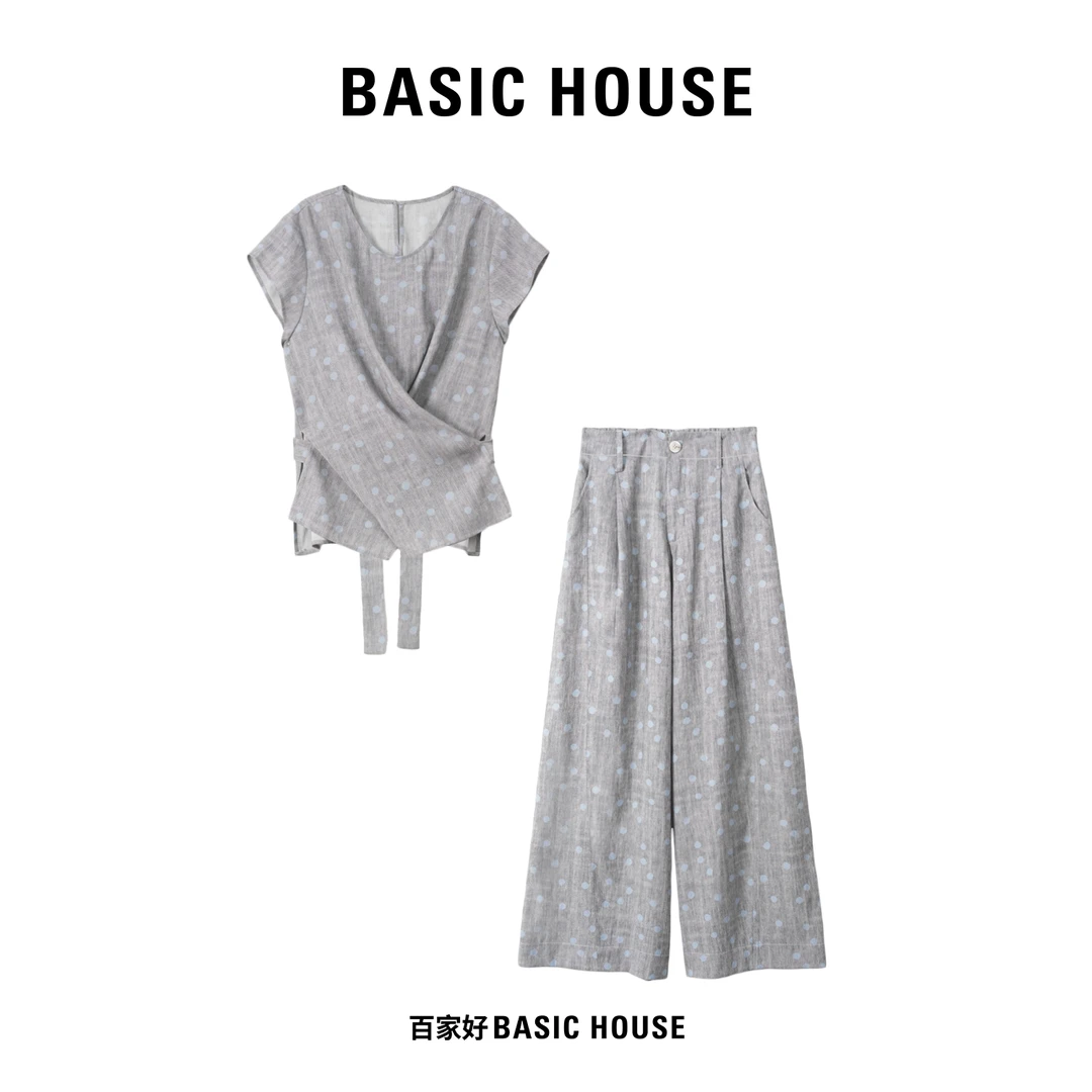 Basic House/百家好2025夏季新款显瘦波点设计师印花套装C412 XY