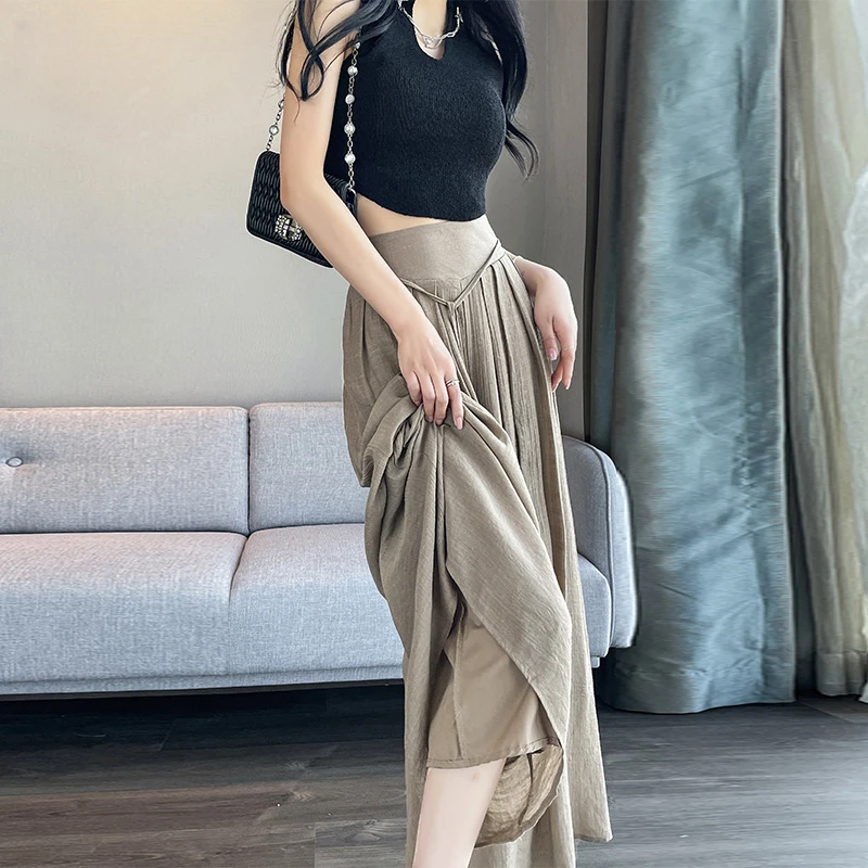 咖色冰丝阔腿裤女夏季薄款凉凉裤慵懒时尚大裙摆宽松垂感棉麻裙裤