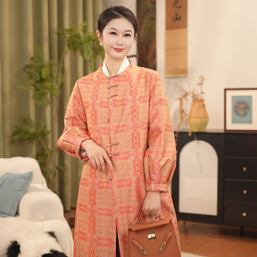 【贺贺·墨染】中国风设计师桑蚕丝古蜀锦大衣新中式JC7224