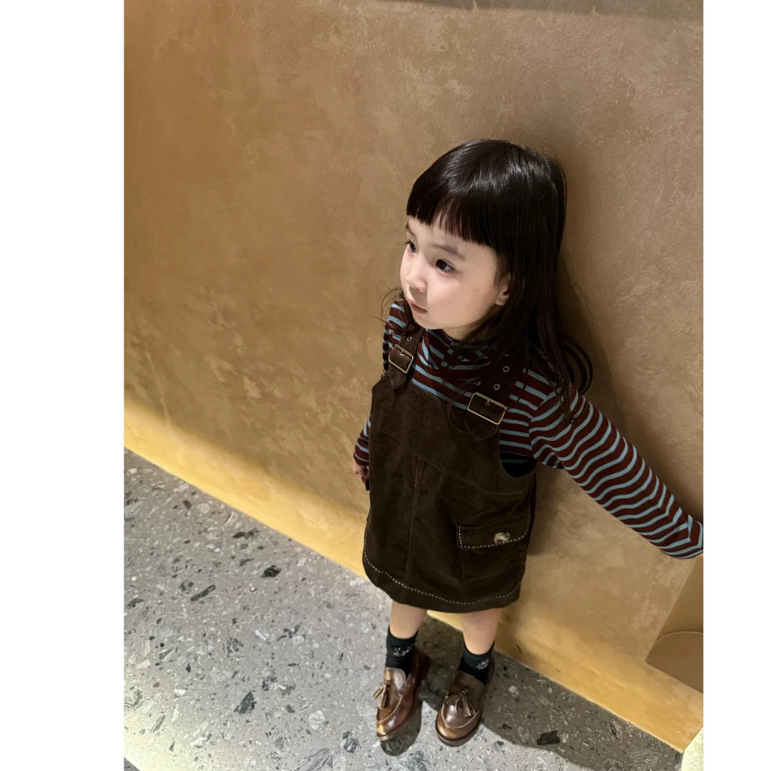 壹妈韩版童装女童秋季套装洋气儿童条纹连帽上衣时髦背带裙两件套