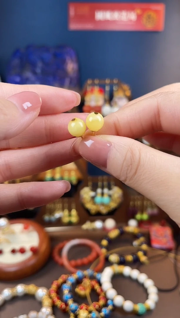 银S925镀金镶嵌蜜蜡耳饰救**y，耳钉
