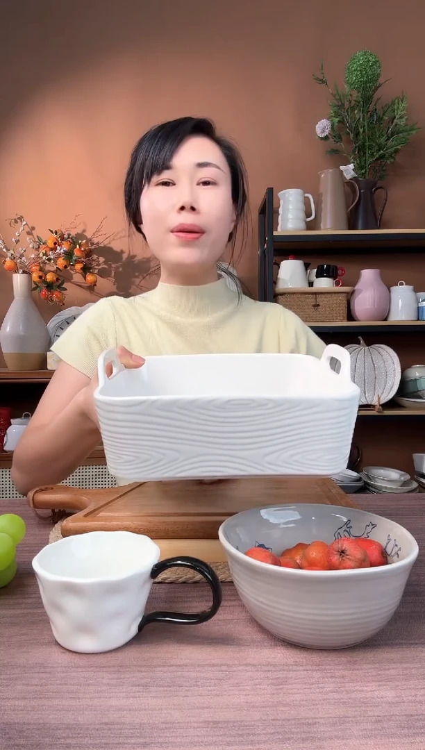 陶瓷9英寸木纹双耳方碗微瑕