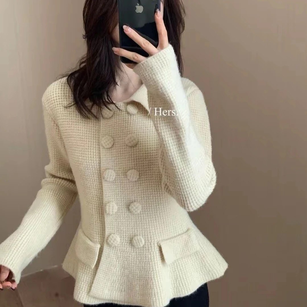 法式小香风气质收腰减龄毛衣开衫女秋冬双排扣洋气外穿长袖上衣