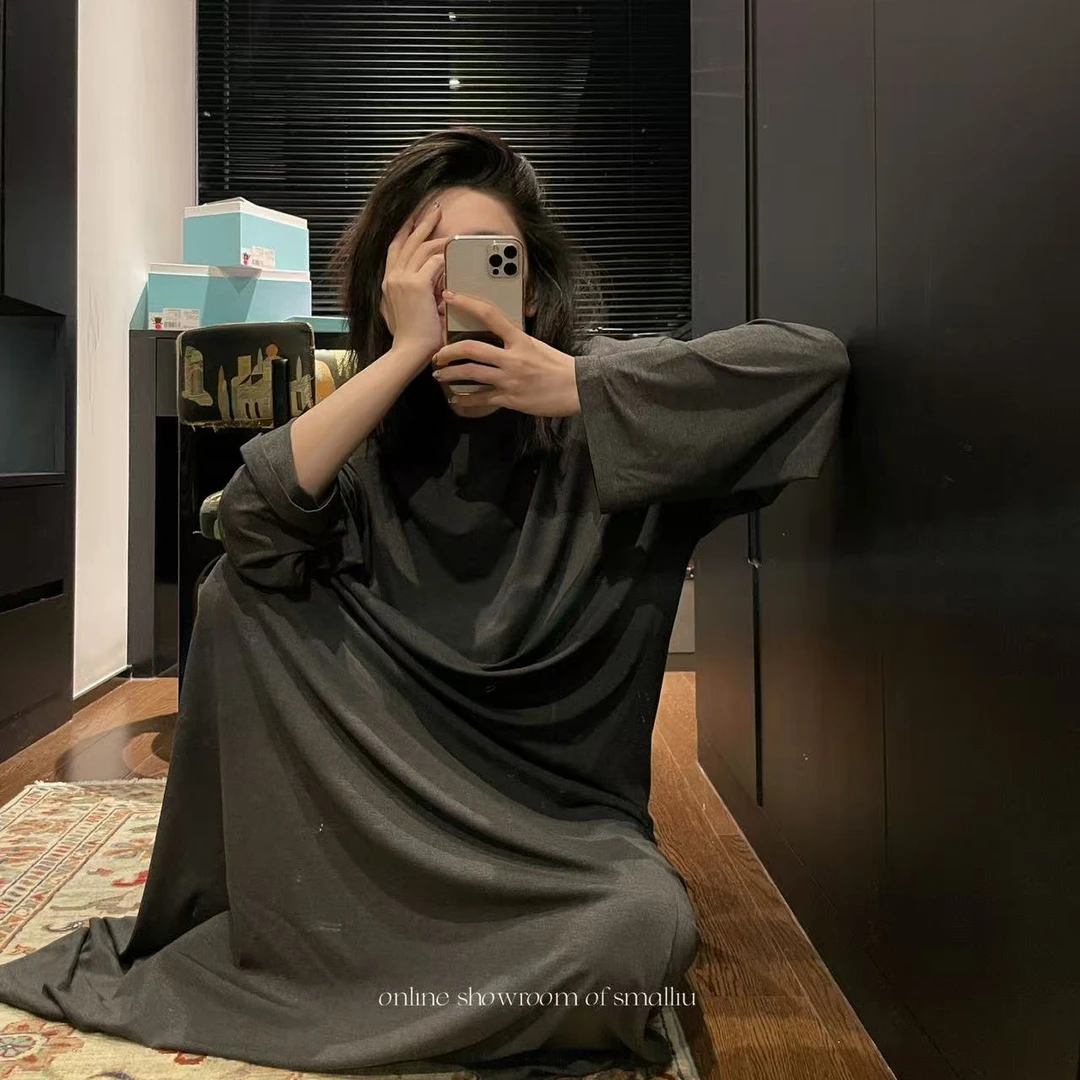 SMALLU 慵懒长袖宽松高弹力连衣裙休闲舒适直筒睡裙