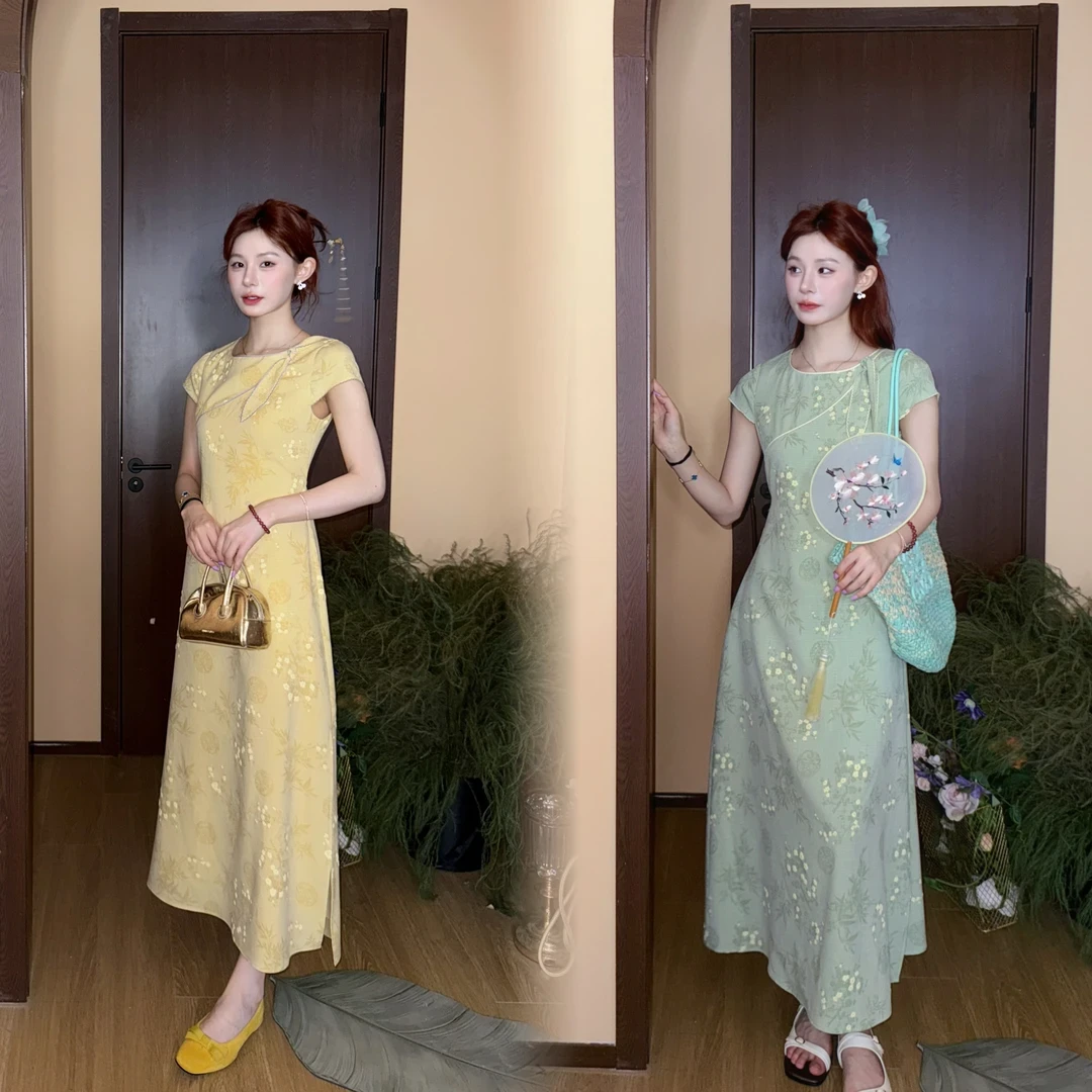 【玫瑰乳茶】旗袍款 黄色/绿色 时尚气质显瘦温柔风连衣裙女高级感