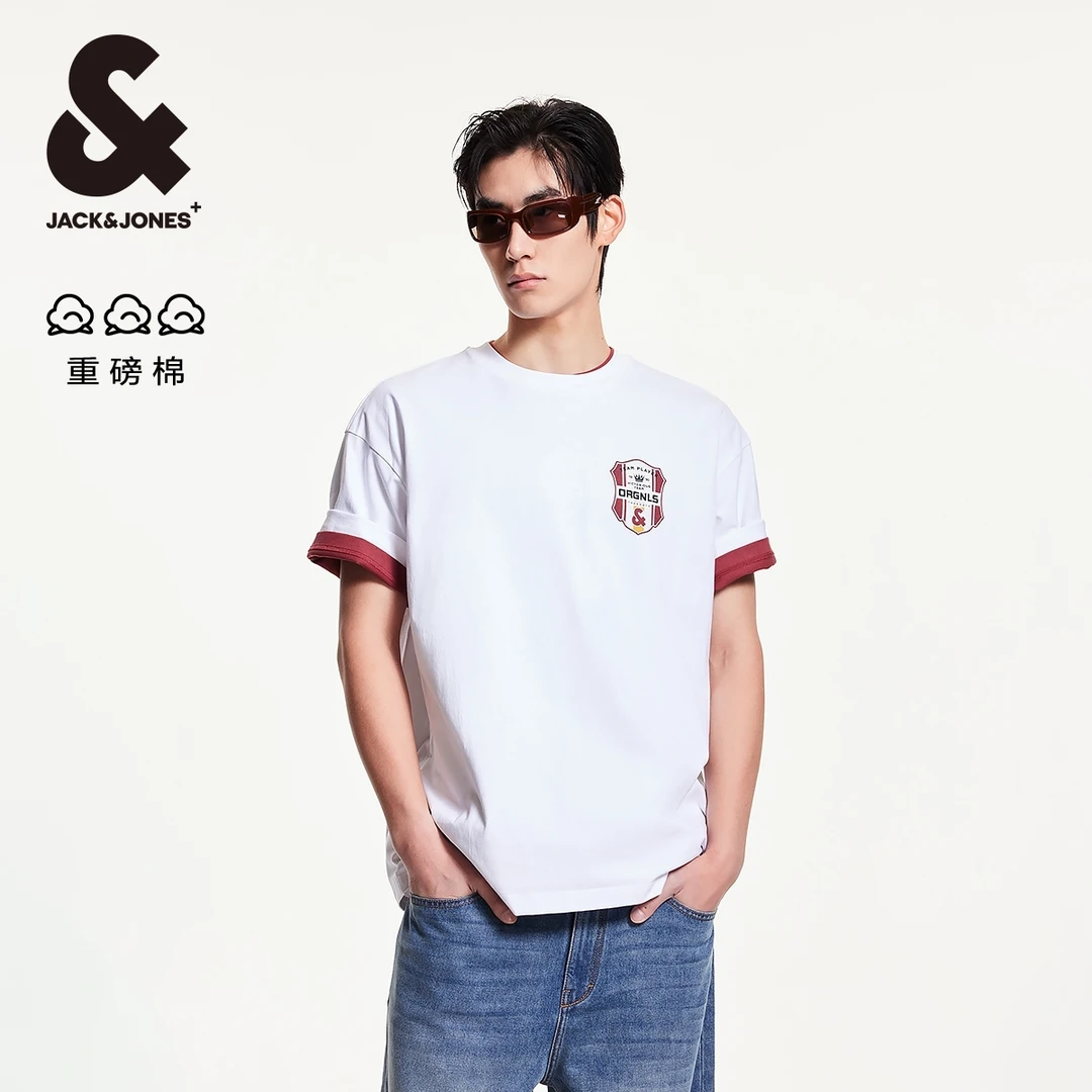 杰克琼斯春季新款时尚潮流百搭休闲重磅纯棉短袖男士宽松t恤男
