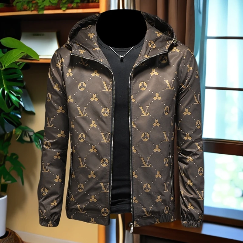 娜罗普西时尚秋季新款纯色简约百搭夹克男休闲外套印花连帽夹克男