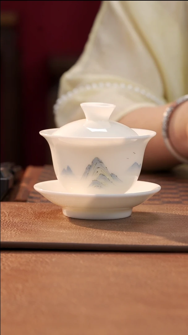 茶具冰种玉瓷小盖碗-手绘山水@@ST-B20018