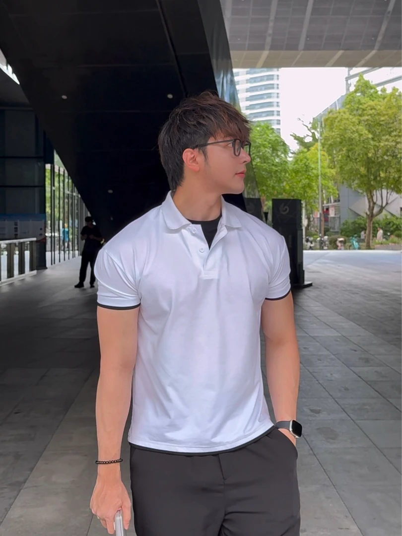 POLO假两件冰感重磅230克32支收袖修身弹力运动休闲短袖T恤Sorona