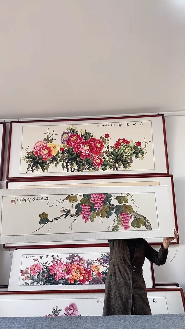 国画纯手绘国画165*50CM带框装饰字画