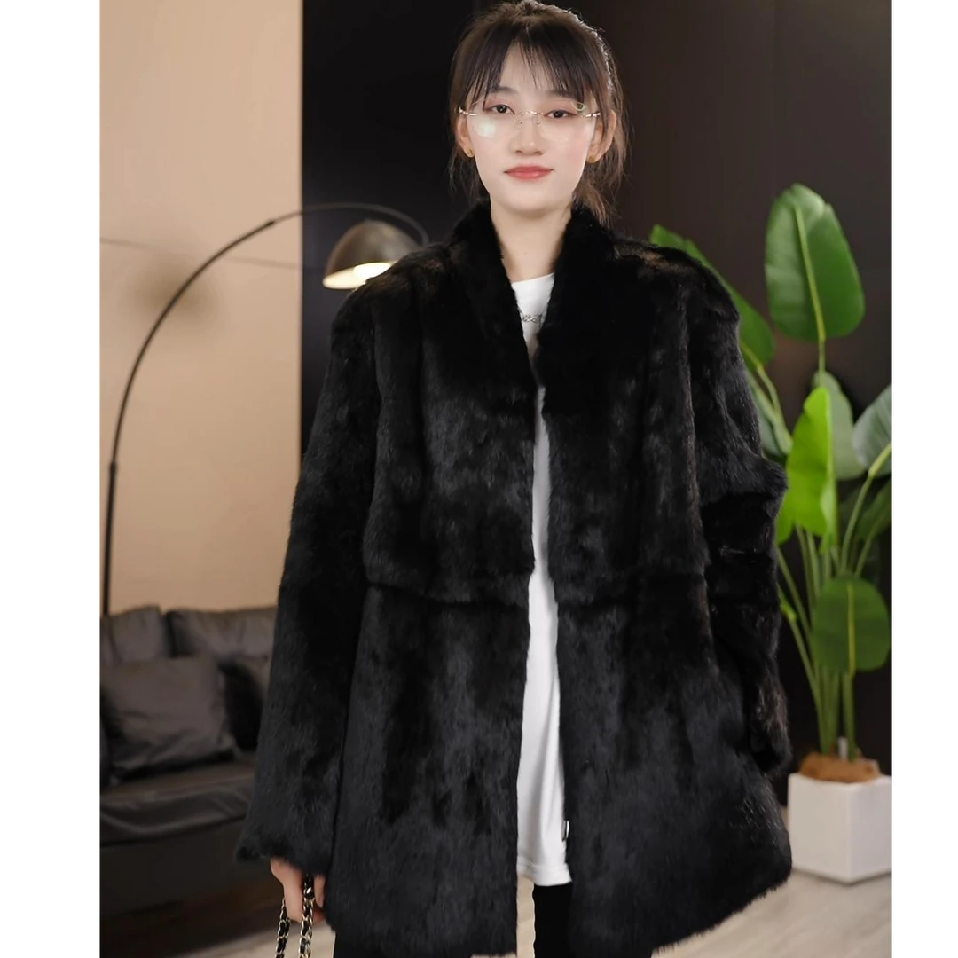 （中长款）外套气质轻奢短款时尚休闲黑色秋冬冬季女士宽松皮毛一体
